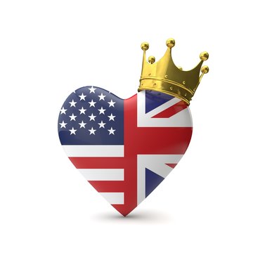 Heart shape with american and Great Britain flag with gold crown. Royal wedding concept. 3D Rendering