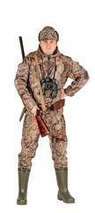 Full length portrait of a male hunter with double barreled shotgun Isolated on white background. hunting and people concept.