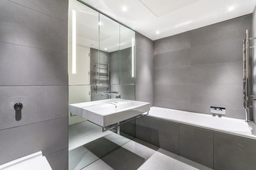 modern minimalist bathroom in gray and white