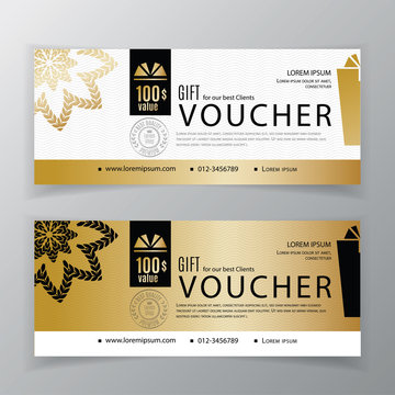 Vector gift voucher template. Universal flyer for business. Clean vector design, black gold design elements. Clean design for department stores, business. Abstract background