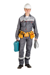 Male builder over white wall background. repair, construction, building, people and maintenance concept.