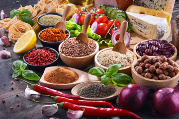 Composition with assorted organic food products on the table
