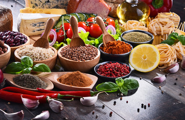 Composition with assorted organic food products on the table