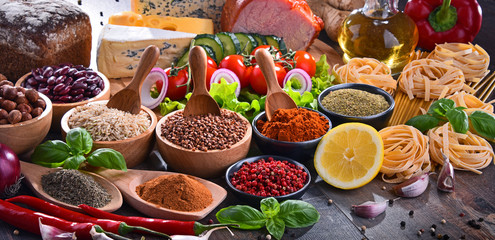 Composition with assorted organic food products on the table