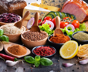 Composition with assorted organic food products on the table