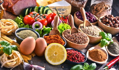 Composition with assorted organic food products on the table