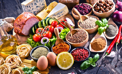 Composition with assorted organic food products on the table