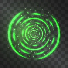 Vector abstract green neon light effect blue circles background. Glowing decorative swirl effect, luminous rings on black. Illustration of illumination painting. Meditative pulsing, twinkling shapes.