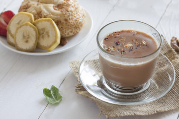 one glass mug of fragrant morning cocoa with milk