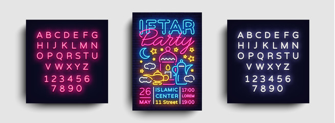 Iftar party invitations poster vector template design. Bright Islamic illustration card in modern trend neon style, banner, Celebration of the Islamic holiday Ramadan Kareem. Editing text neon sign