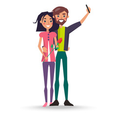 Fototapeta premium Female with Rose Flower and Male Makes Selfie