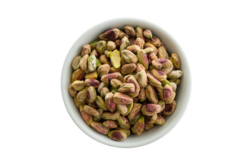 Shelled roasted fresh pistachio nuts in a bowl