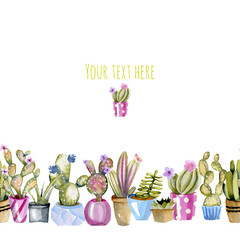 Card template with watercolor cactuses in a pots background, hand painted on a white background