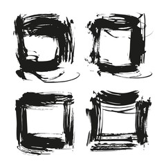 Black abstract textured square frames from thick smears isolated on a white background
