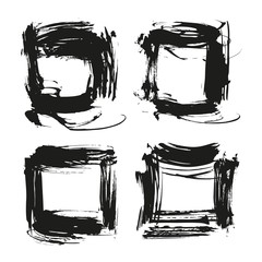 Fototapeta premium Black abstract textured square frames from thick smears isolated on a white background