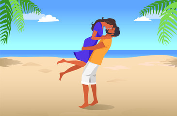 Obraz na płótnie Canvas Couple Kisses on Date at Tropical Beach with Palms