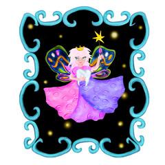 3d rendered tooth fairy with teeth cartoon character in frame
