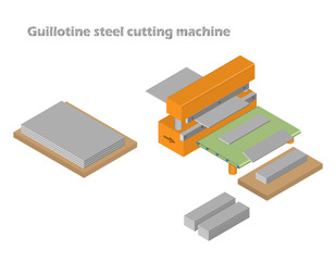 Guillotine steel cutting machine in factory, metal sheet industry