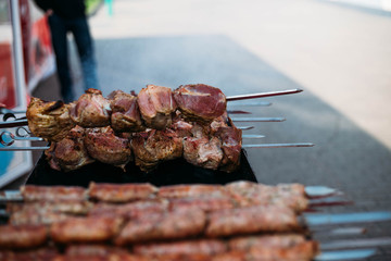 pork on skewers, barbecue in nature.