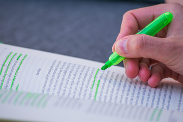Green Highlight Highlighter Held By Girl Woman Hand School Study Book Marking