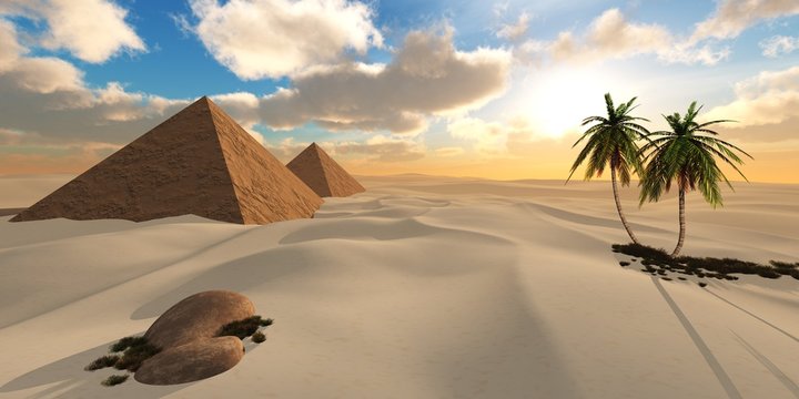 sunset over the pyramids, a desert with palm trees and paramides under the sun,
3D rendering