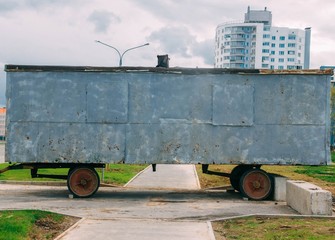 Trailer for housing builders in the city. concept of construction