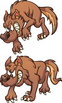  Cartoon brown wolf pouncing and stalking. Vector clip art illustration with simple gradients. Each wolf in a separate layer. 