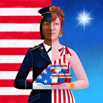 Halved illustration of woman