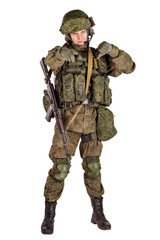 russian special forces soldier with rifle on dark background. army, military and people concept