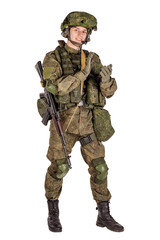 russian special forces soldier with rifle on dark background. army, military and people concept