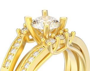 3D illustration isolated close up yellow gold decorative diamond ring.on