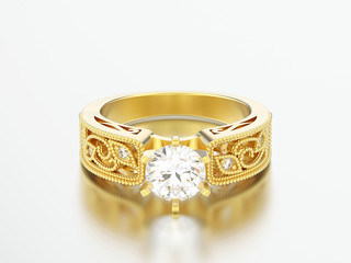 3D illustration gold engagement wedding decorative ornament diamond ring