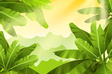 Tropical jungle and sun rays. Vector illustration with space for text.