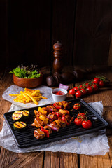 Rustic shish kebab skewers with marinated ham meat paprika and red onion