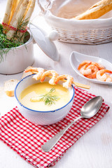 rustic asparagus soup with shrimp skew and diel