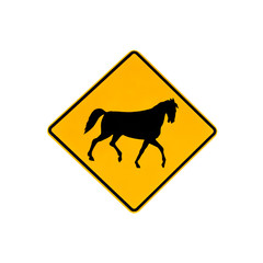 Australian wildlife warning road sign for horses on the road and highways of Australia. Isolated on white.