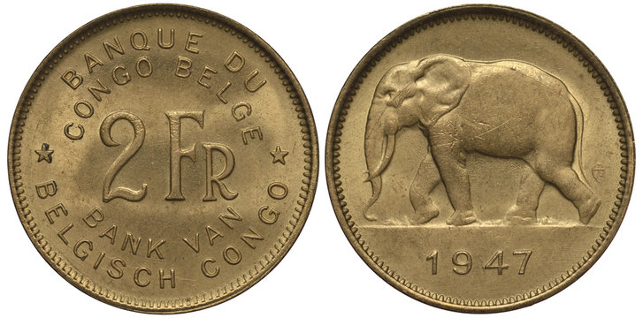 Belgian Congo coin two francs 1947, denomination in French and Flemish, African elephant walking, colonial times,