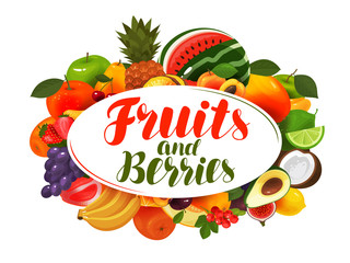 Fruits and berries, banner. Natural food, greengrocery concept. Vector illustration