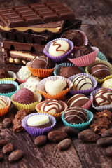 a lot of variety chocolate pralines, belgian confectionery gourmet chocolate.
