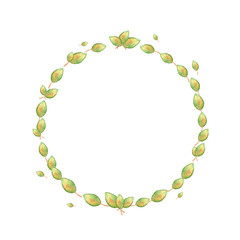 wreath of watercolor light green leaves of different sizes vegetation nature with pink veins isolated on white background