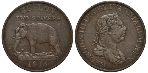 British Ceylon (Sri Lanka) coin two stivers 1815, elephant, bust of King George III, laureate head,...