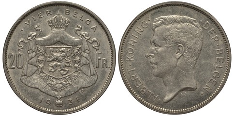 Belgium, Belgian coin twenty francs 1931, mantle, shield with lion surrounded by collar of the...