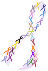 Cancer awareness ribbon collage featuring all the various cancer ribbons and colors combined in the shape of one big ribbon, vector illustration