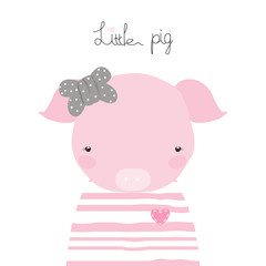 Cute little pig with bow and lettering. Vector hand drawn illustration.