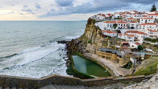 Time lapse of the Azenhas do Mar and the Atlantic Ocean near Sintra in Portugal at sunset