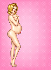 Vector pop art illustration of young naked pregnant woman with rounded belly, with arm covering her breast, isolated on pink dotted background. Pregnancy, motherhood, happy time of expecting a baby