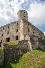 Fototapeta na wymiar BABICE, POLAND - MAY 1, 2018: Old castle Lipowiec. Historic castle Lipowiec and antique building museum.The ruins of the castle on the top of the mountain