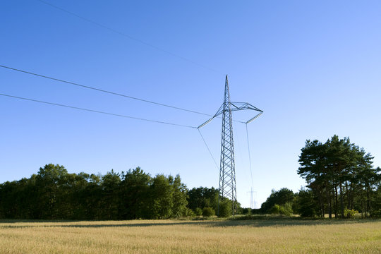 Power Lines: Special grid tower to change the direction of the overhead high-voltage direct-current transmission line across the Danish Kattegat island of Laesoe