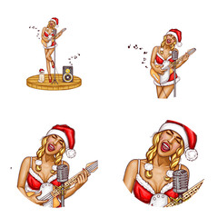 Vector avatar of pop art christmas sexy girl in costume of Santa Claus sings song with microphone, plays electric guitar on a wooden stand. Networking element for chat, blog isolated in white circle