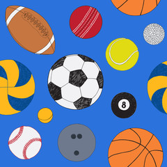 Seamless pattern with set of sport balls. Hand drawn colored vector sketch. Blue background. Pattern included